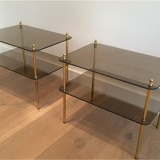 Pair of brass sofa ends and smoked glass trays