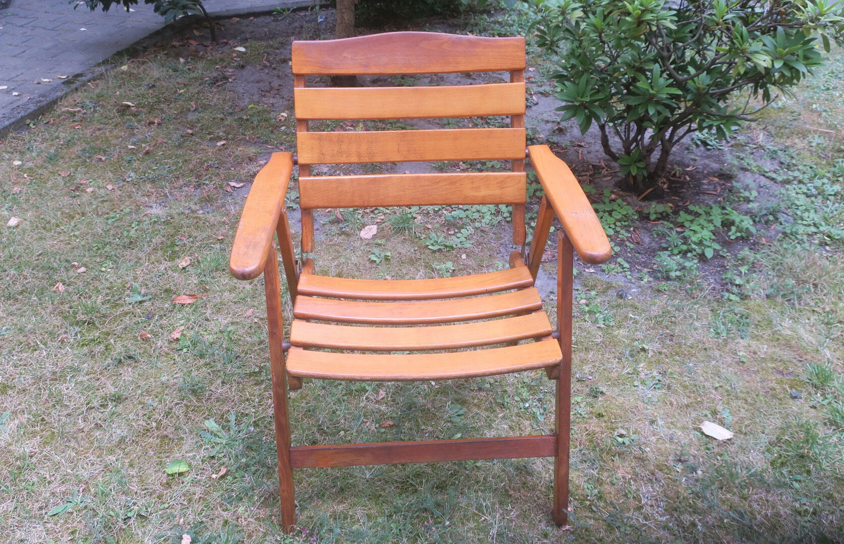 Mid century patinated wood folding garden or patio elbow chair, 1960s