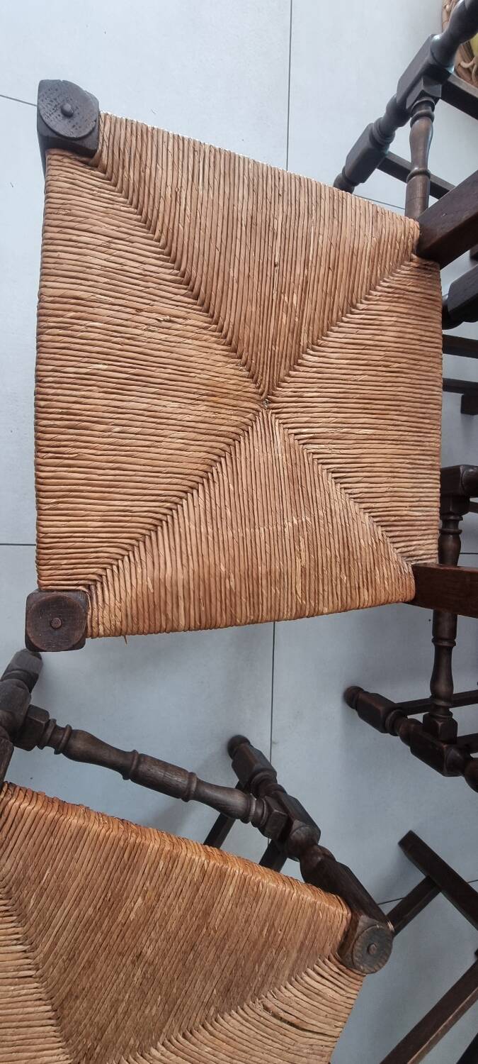 5 straw and wood chairs, brutalist 60s