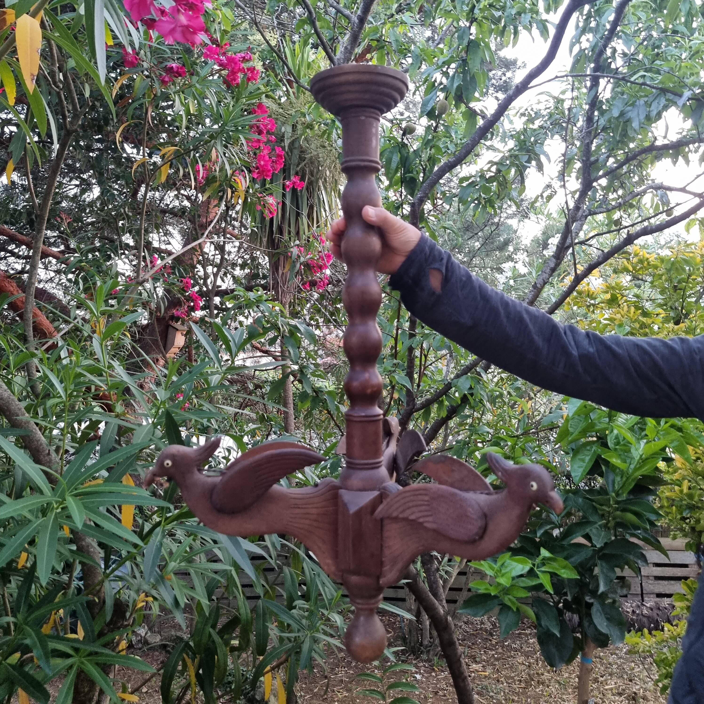 Antique lamp or candlestick, hand-carved, turned wood, Renaissance style