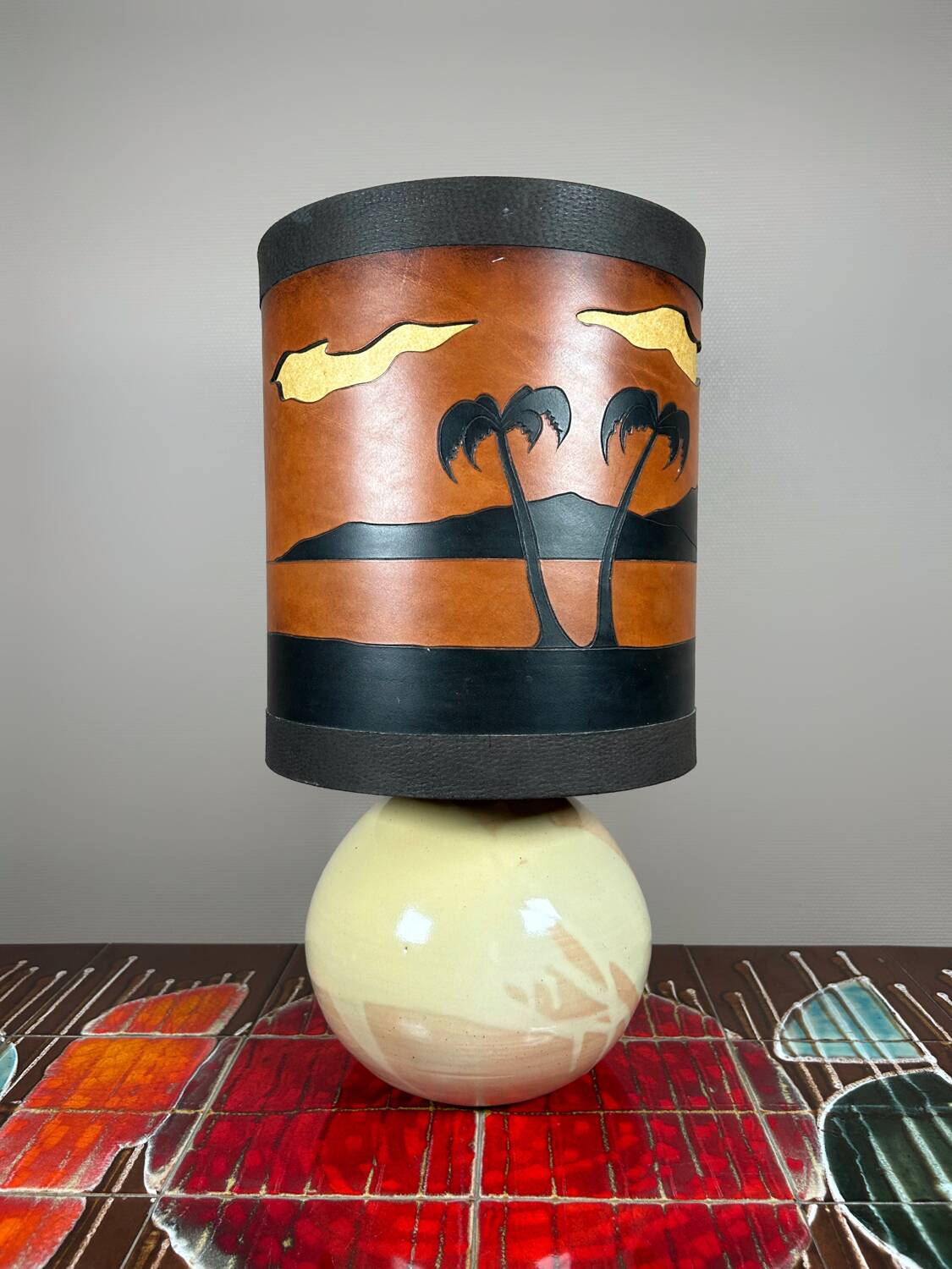 Original vintage ceramic and leather lamp