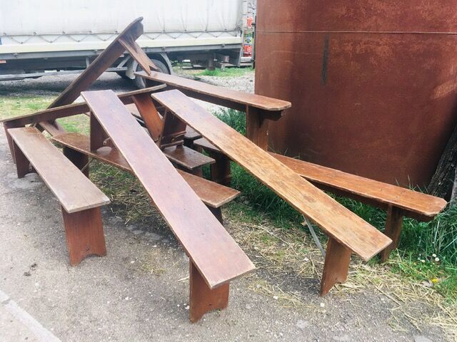 lot of 10 '30s bistro benches in pretty pattine fir