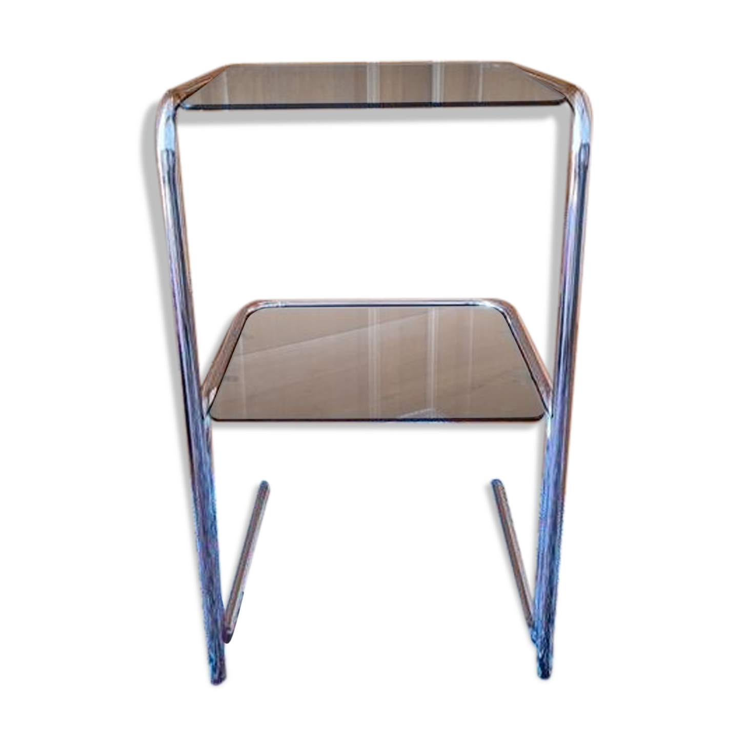 Vintage 70s shelf in chromed metal and smoked glass