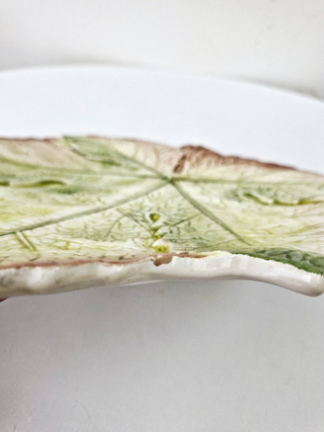 Vintage Draining Salad Bowl Signed GV In Grape Vine Leaf Barbotine