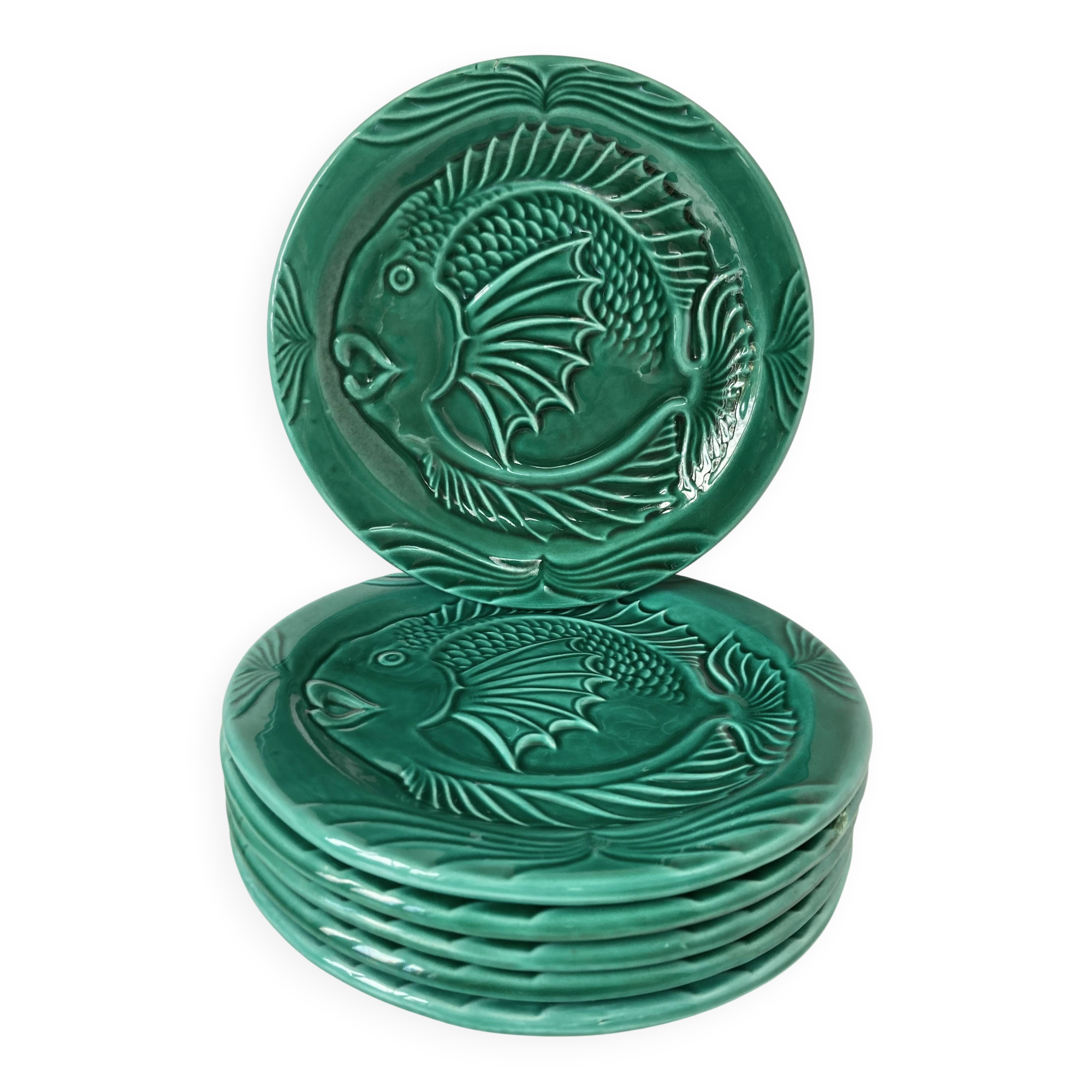 Vallauris - Set of 6 "fish" plates in earthenware and green enamel
