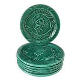 Vallauris - Set of 6 "fish" plates in earthenware and green enamel