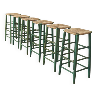 Six vintage barstools with rush, 1960s