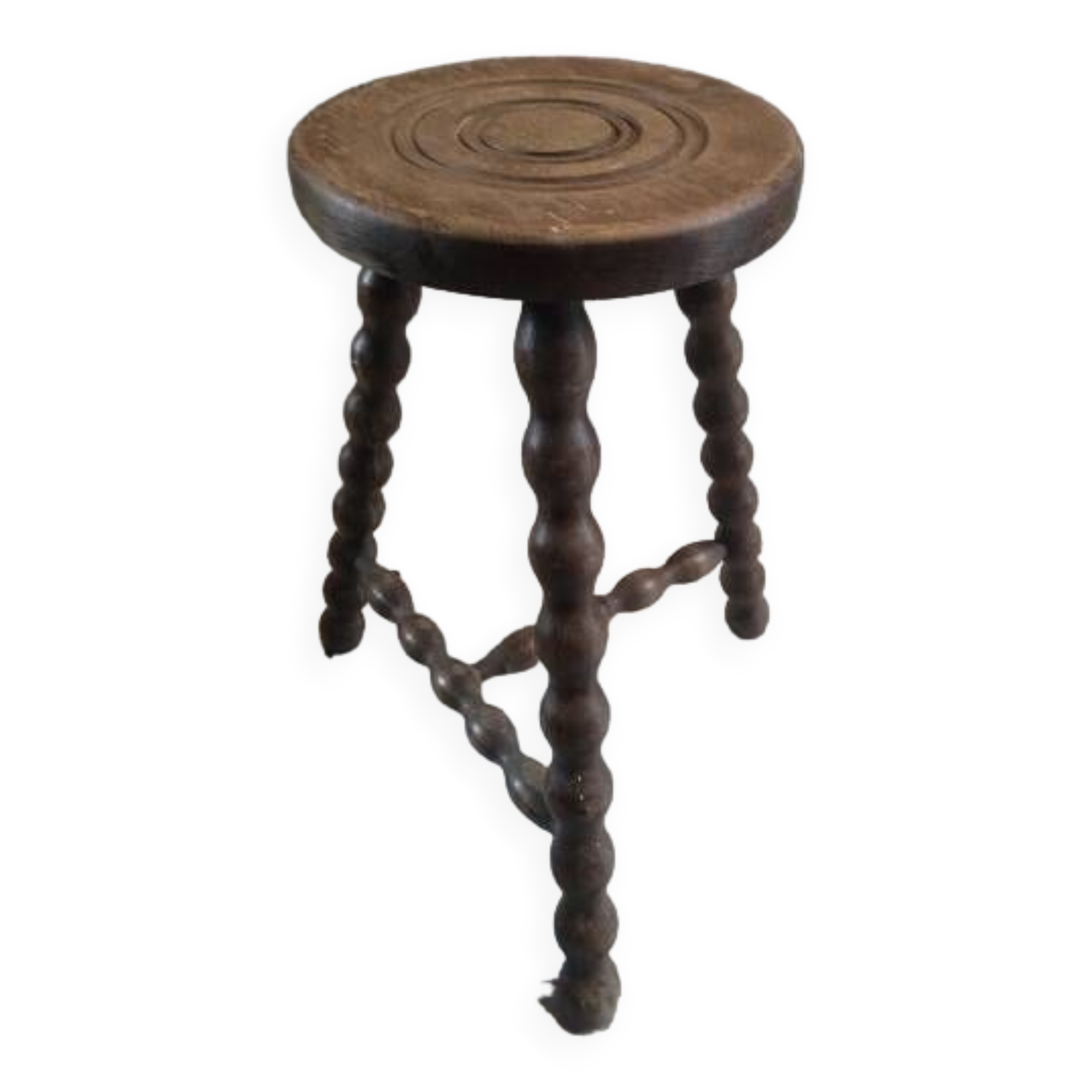 Solid wood stool with patinated varnished tripod legs