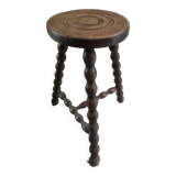 Solid wood stool with patinated varnished tripod legs
