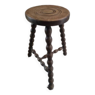 Solid wood stool with patinated varnished tripod legs