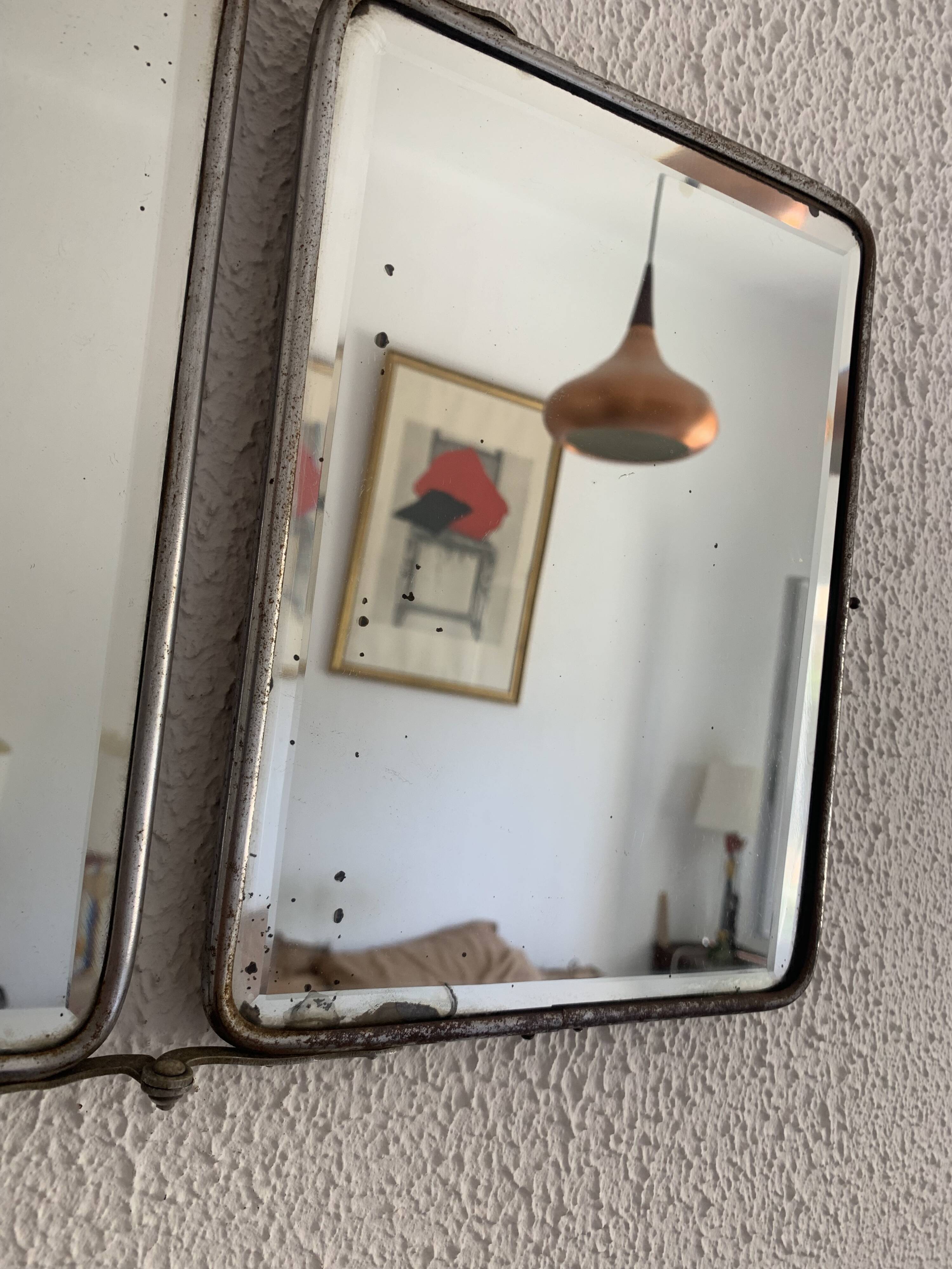 Vintage 1930s barber triptych mirror with camouflage beveled glass - 25 x 59 cm