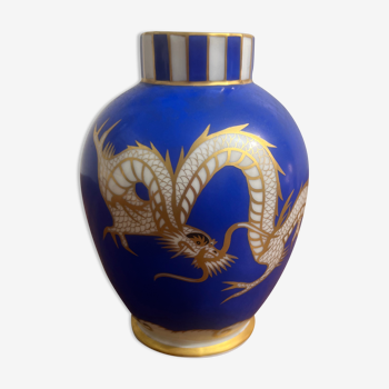 Vase en porcelaine bleu cobalt doré et blanc peint à la main Fraureuth