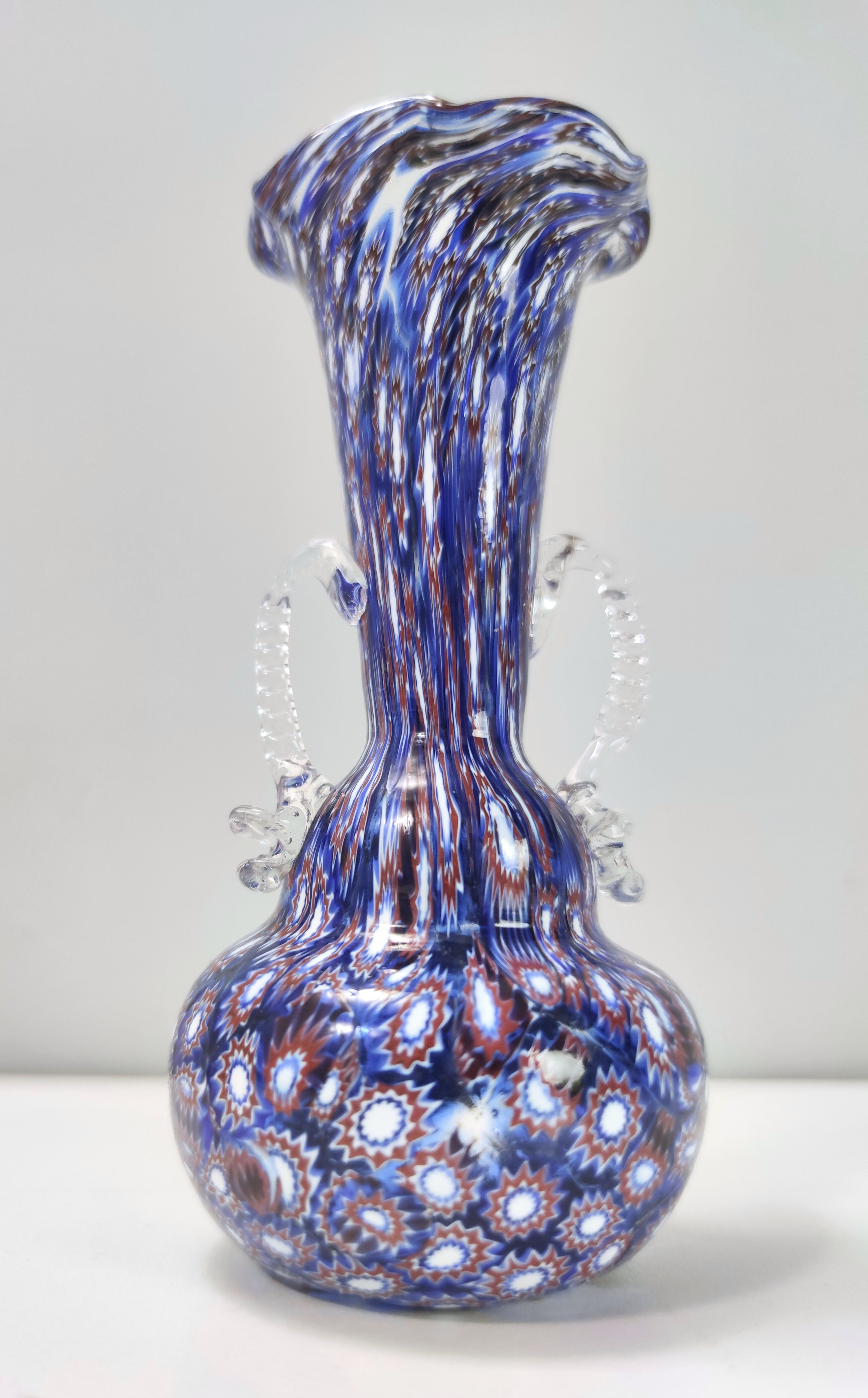 Blue murano glass vase ascribable to fratelli toso with murrines, italy