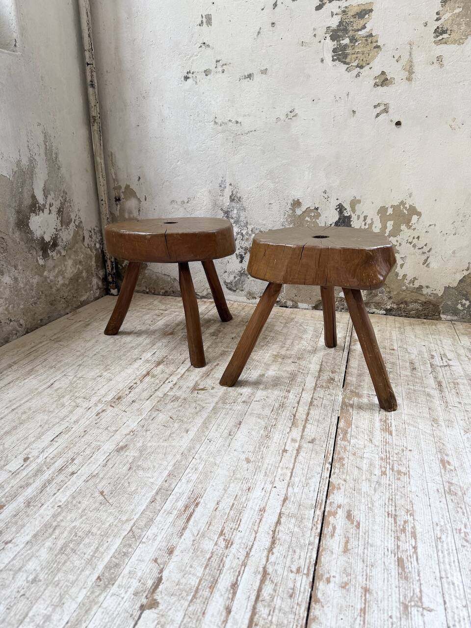 Pair of oak tripod shepherd's stools