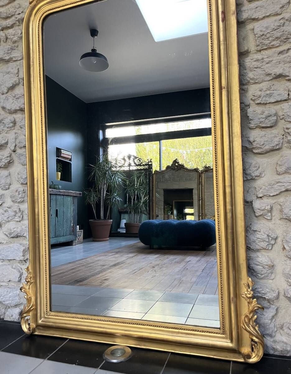 Antique Louis-Philippe mirror with a pediment, 160/93cm, gilded with gold leaf, mercury glass.