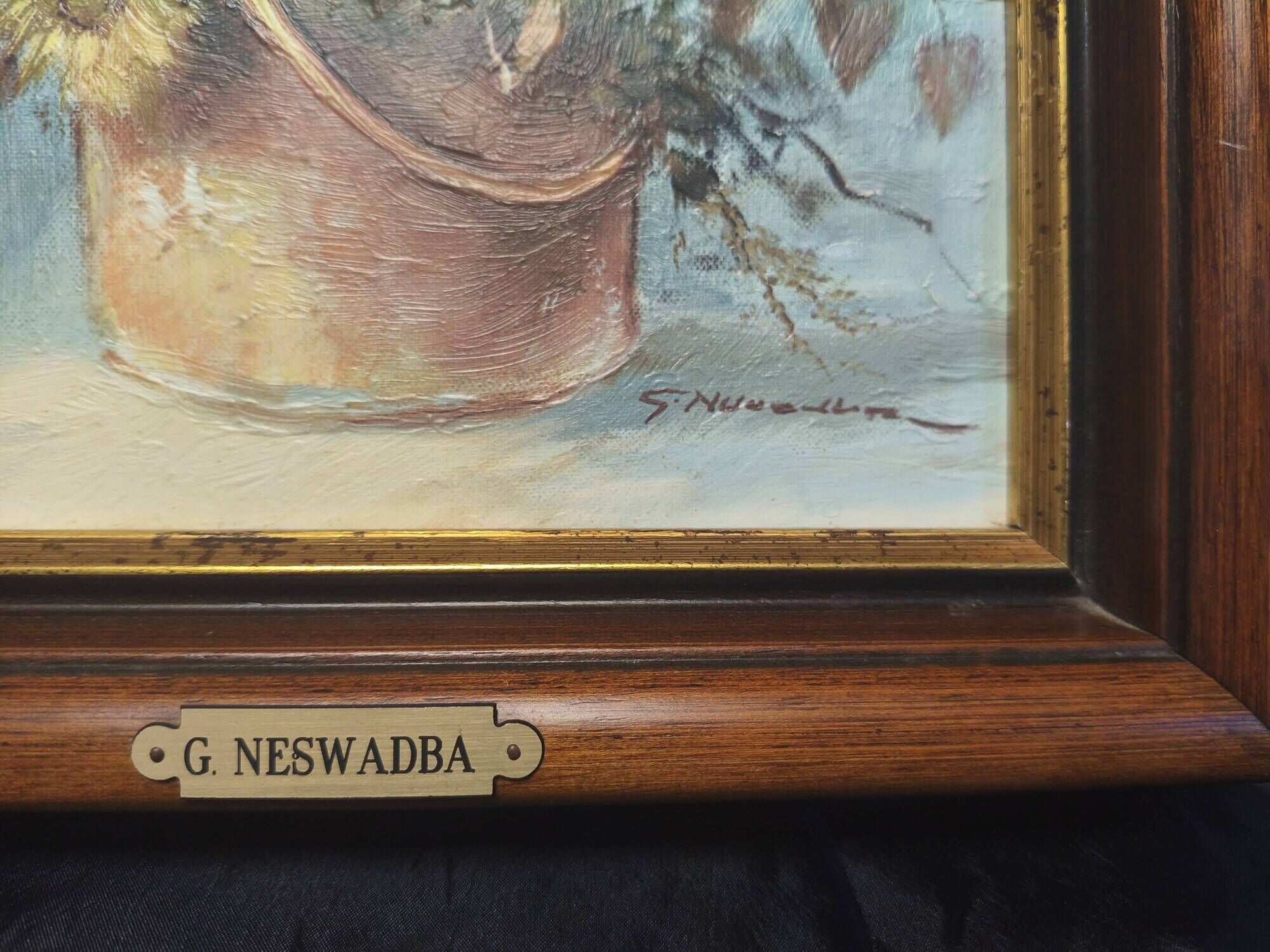 Oil on canvas signed G. Neswadba, bouquet of flowers, 30 × 30 cm