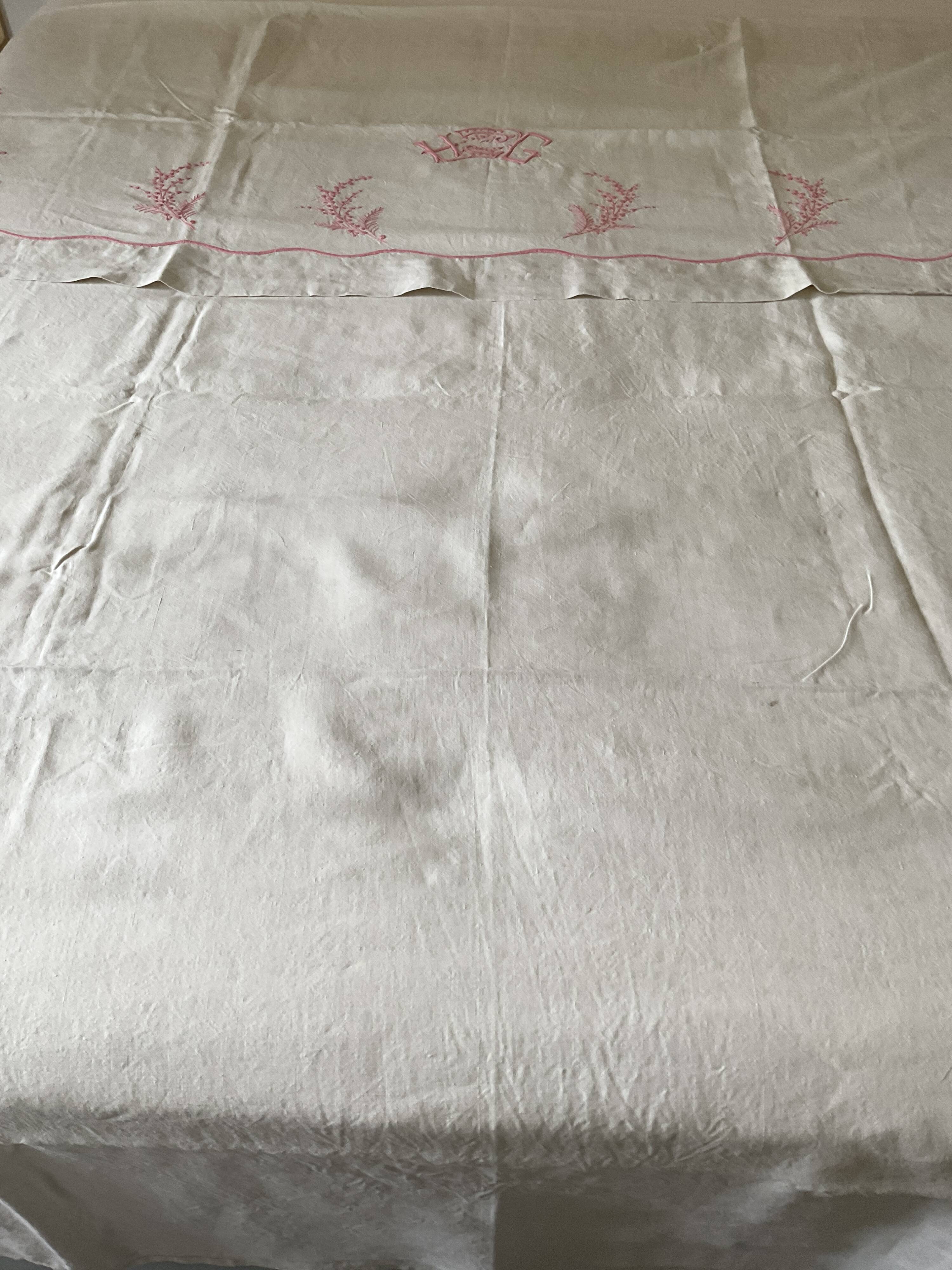 Antique linen sheet with hand-embroidered HG monogram
