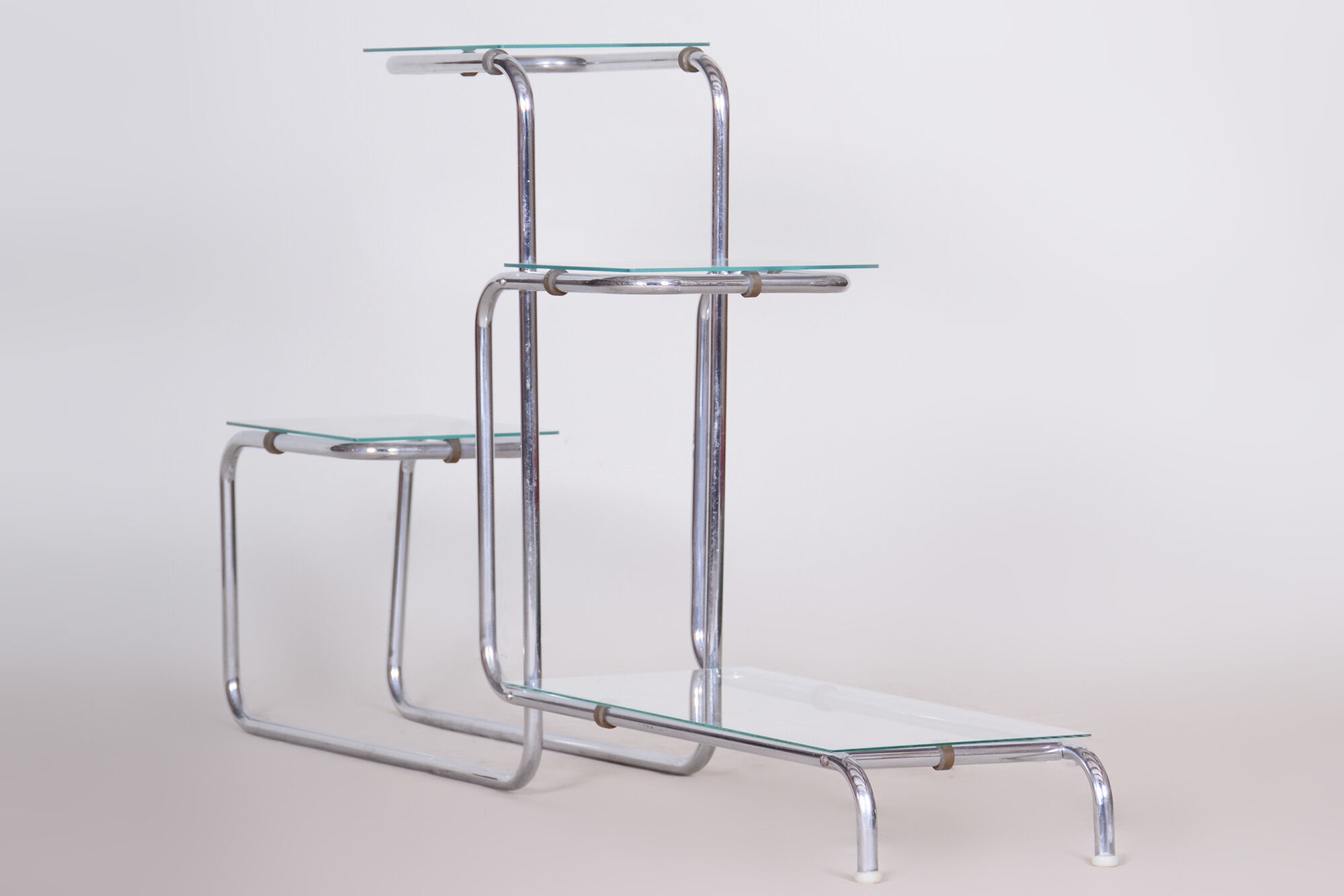 unusual bauhaus style chrome étagère, flower stand, glass, czechia, 1930s