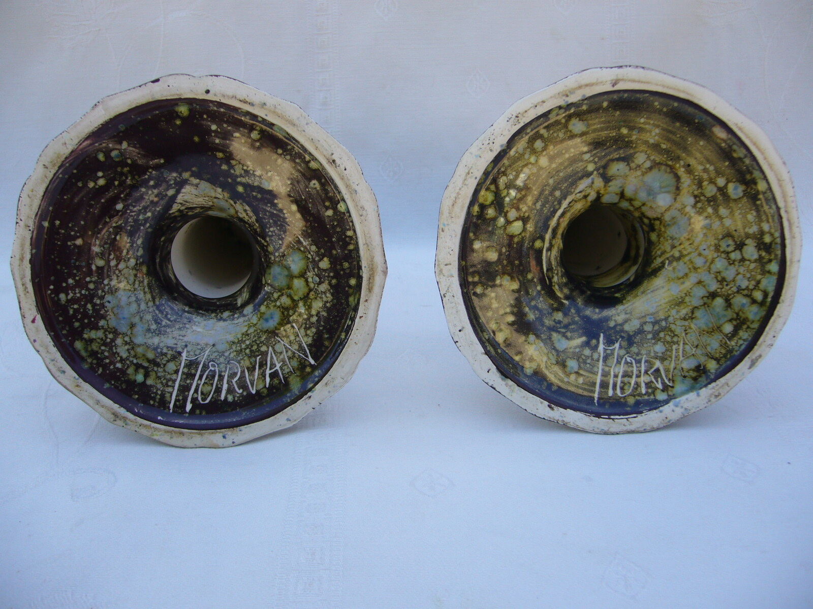 Pair of vintage ceramic candle holders marked Morvan