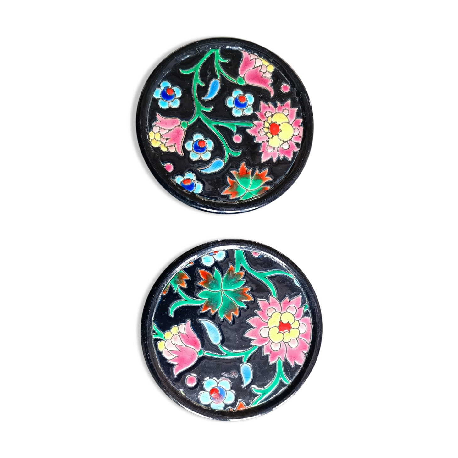 Pair of Longwy flower bottle underwear on black background. Rare