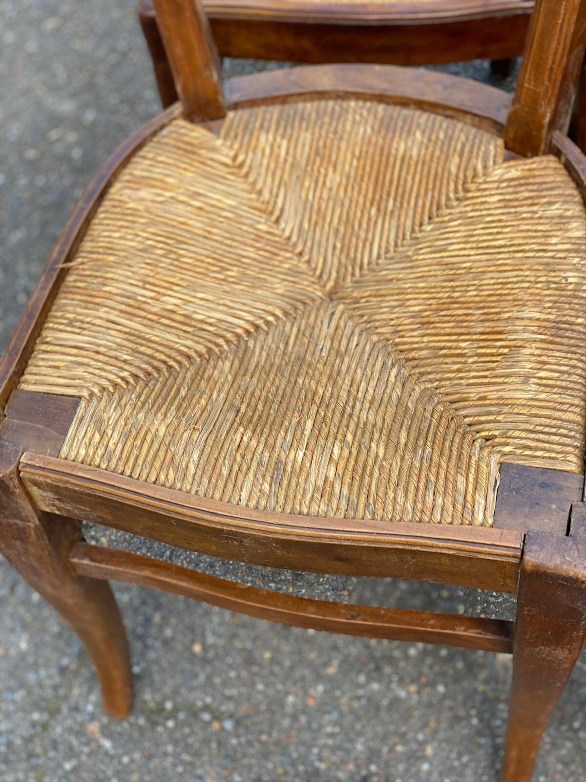 6 vintage solid oak wood dining room chairs with art deco straw