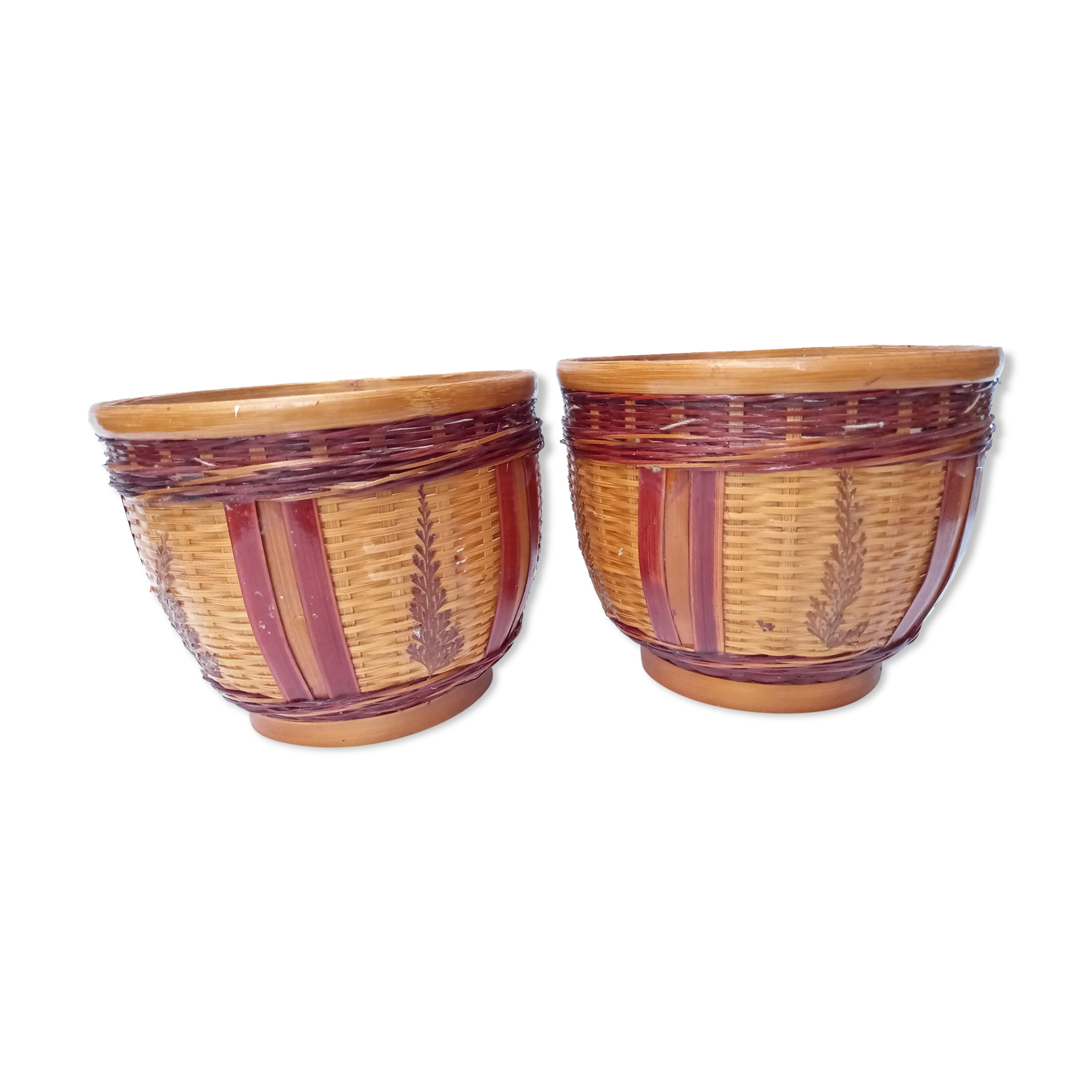 Duo of vintage braided wicker pot cover