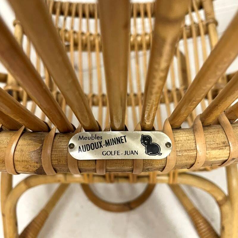 Audoux-Minnet rattan lounge set, 2 armchairs and table 1950-1960