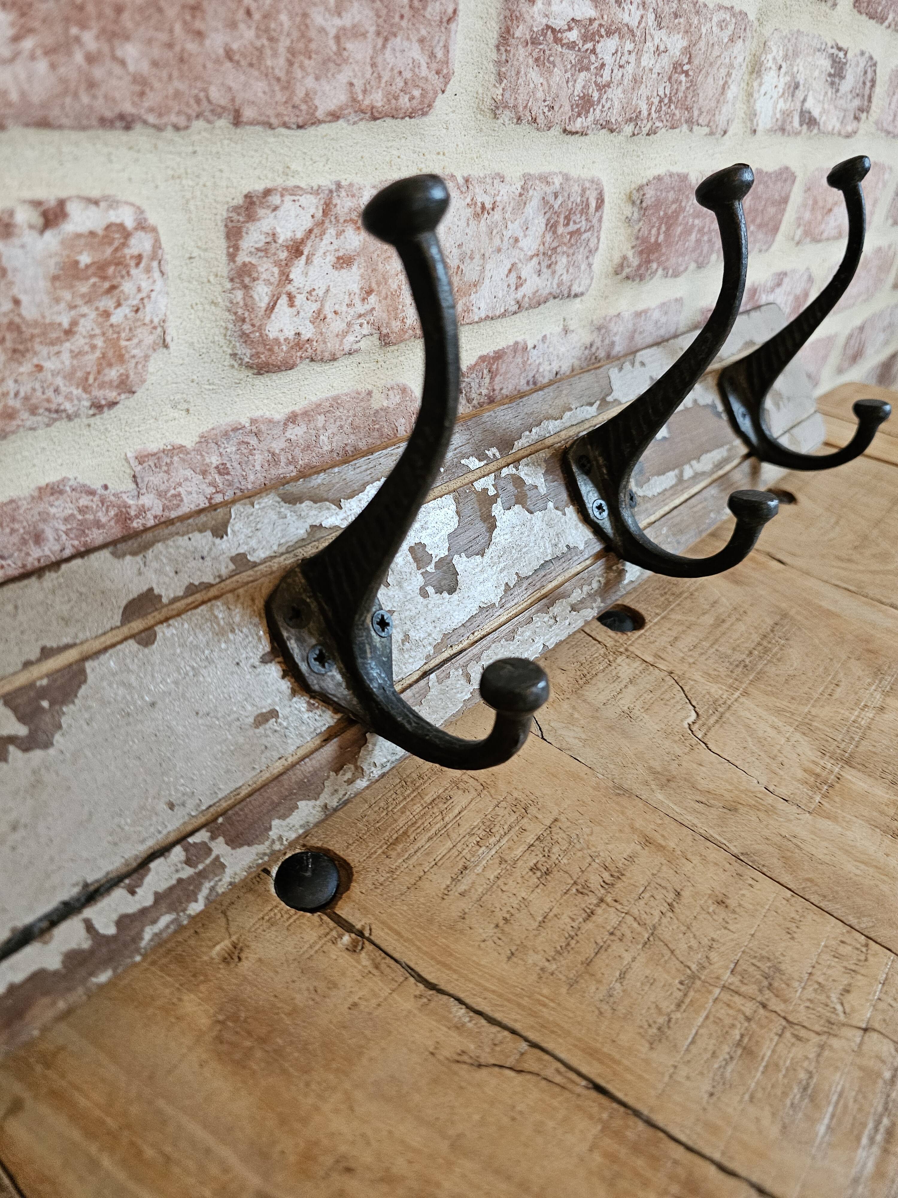 Solid teak coat hook with 4 double cast iron hooks