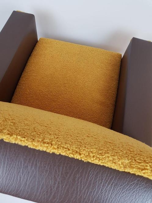 Armchair in ochre yellow and brown skai teddy fabric