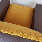 Armchair in ochre yellow and brown skai teddy fabric