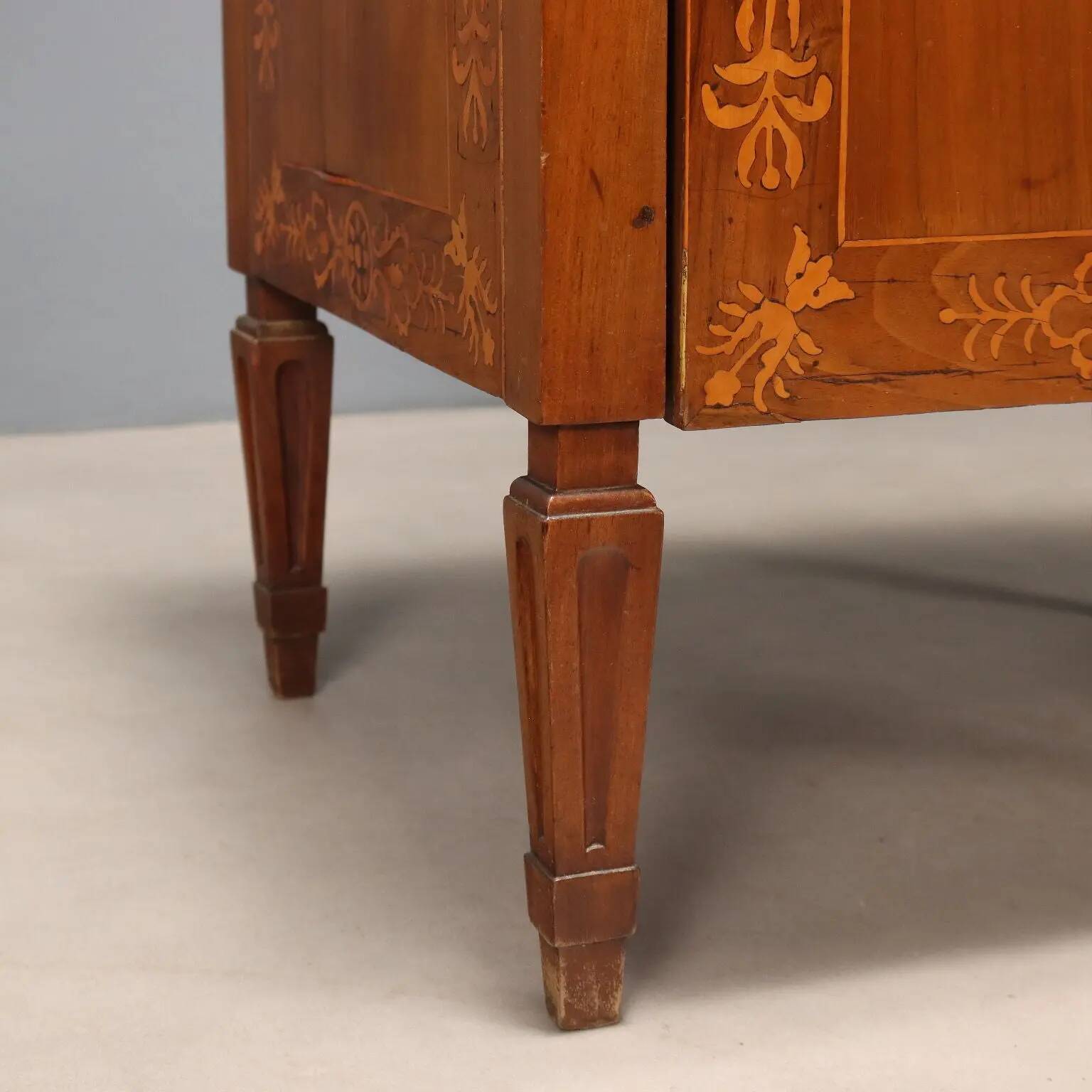 Antique walnut bedside table with maple inlays, converted into a bar cabinet, 19th century.