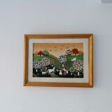 Oil painting on naïve vintage canvas with gilded wooden frame