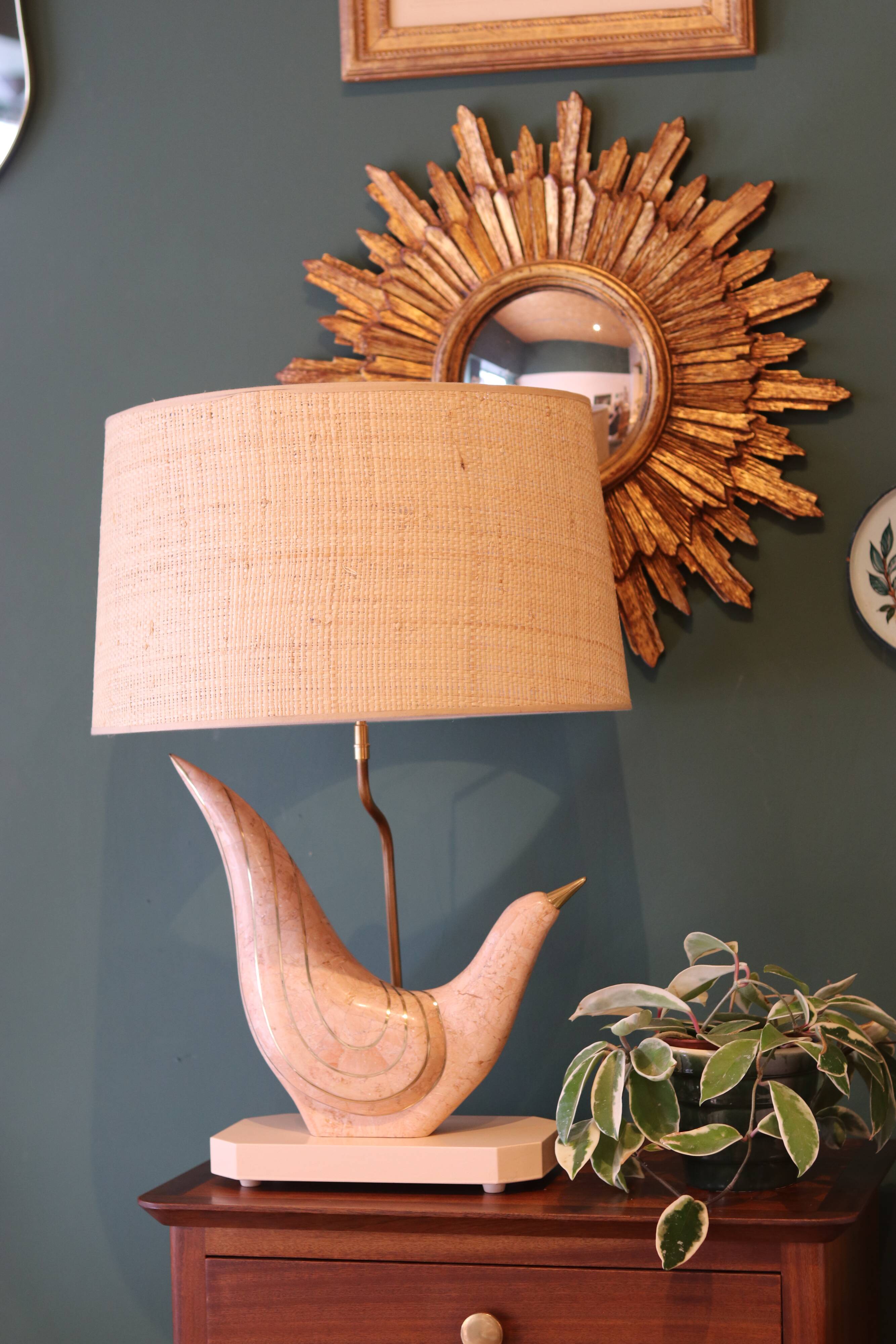 Pink tessellated stone and brass bird lamp from Maitland-Smith