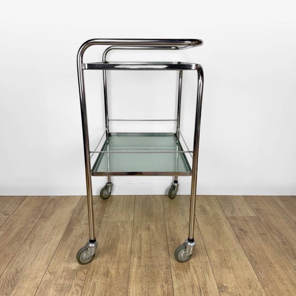 Modernist chrome and vintage frosted glass serving trolley