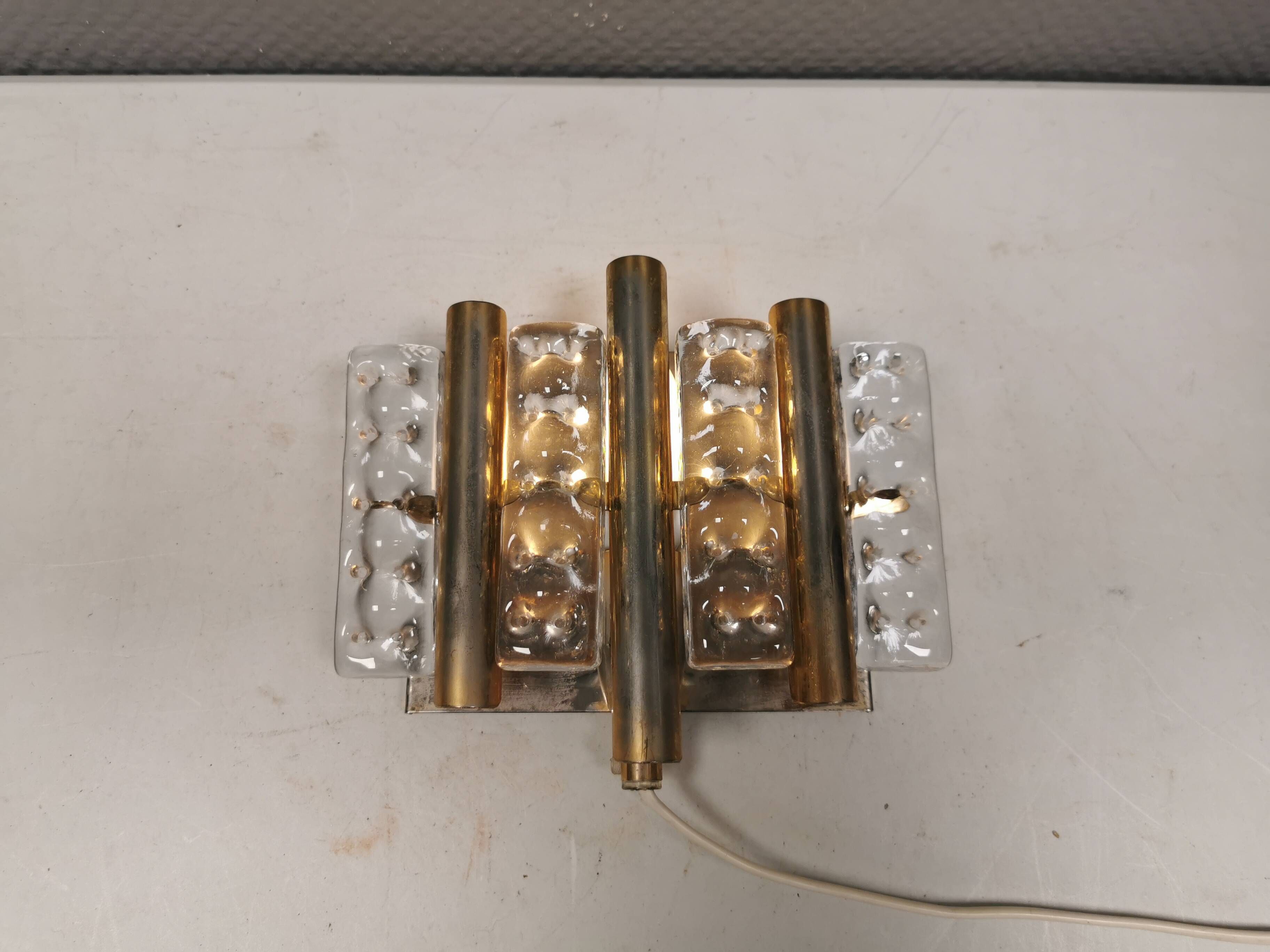 Old Swedish wall lamp, made of hard pressed glass, brass and metal 1960s