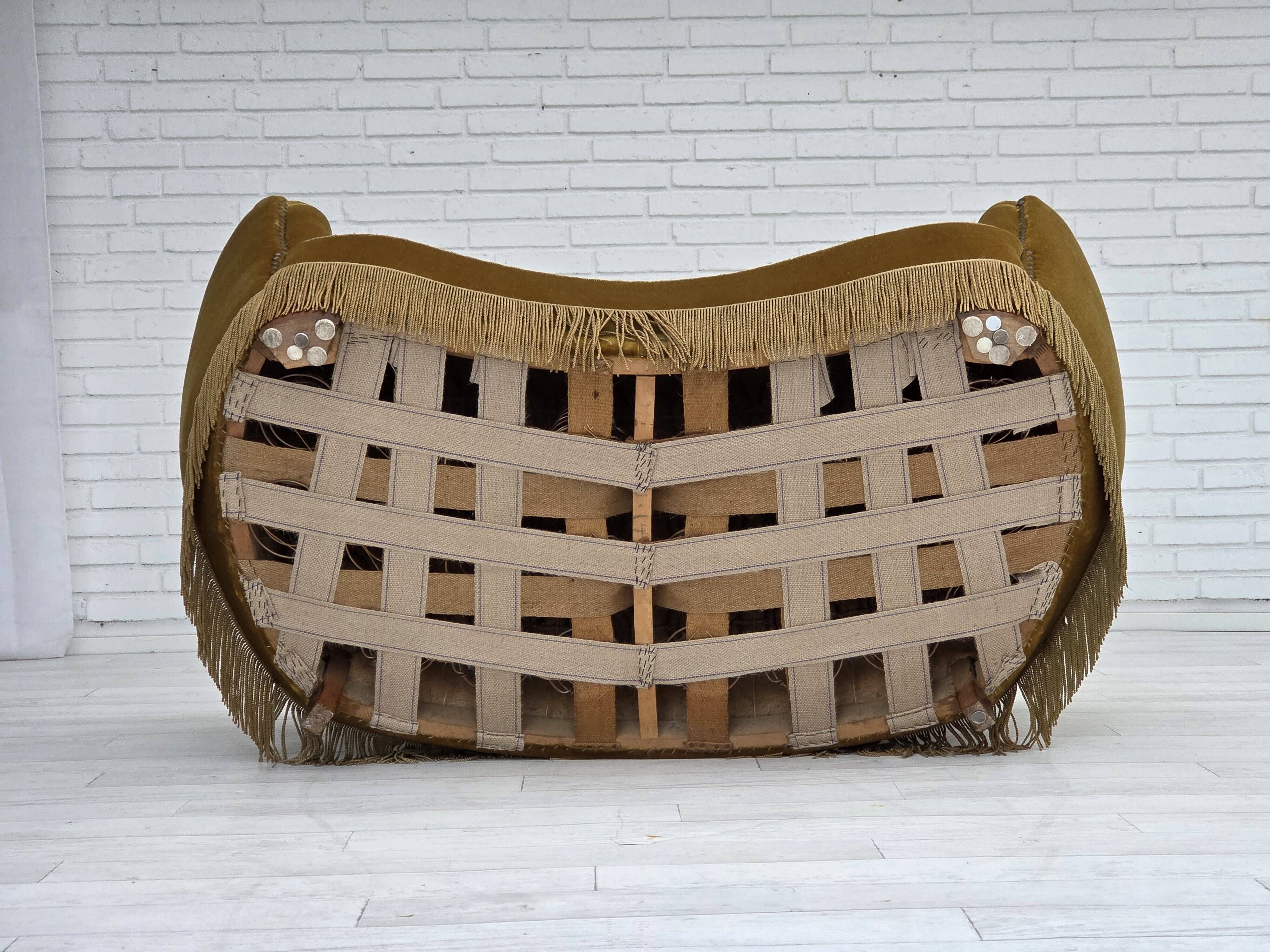 1960s, Danish 2-seater "Banan" sofa, green furniture velour, oak wood.