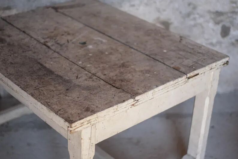 Antique wooden table, wheeled side table, kitchen table, interior decoration