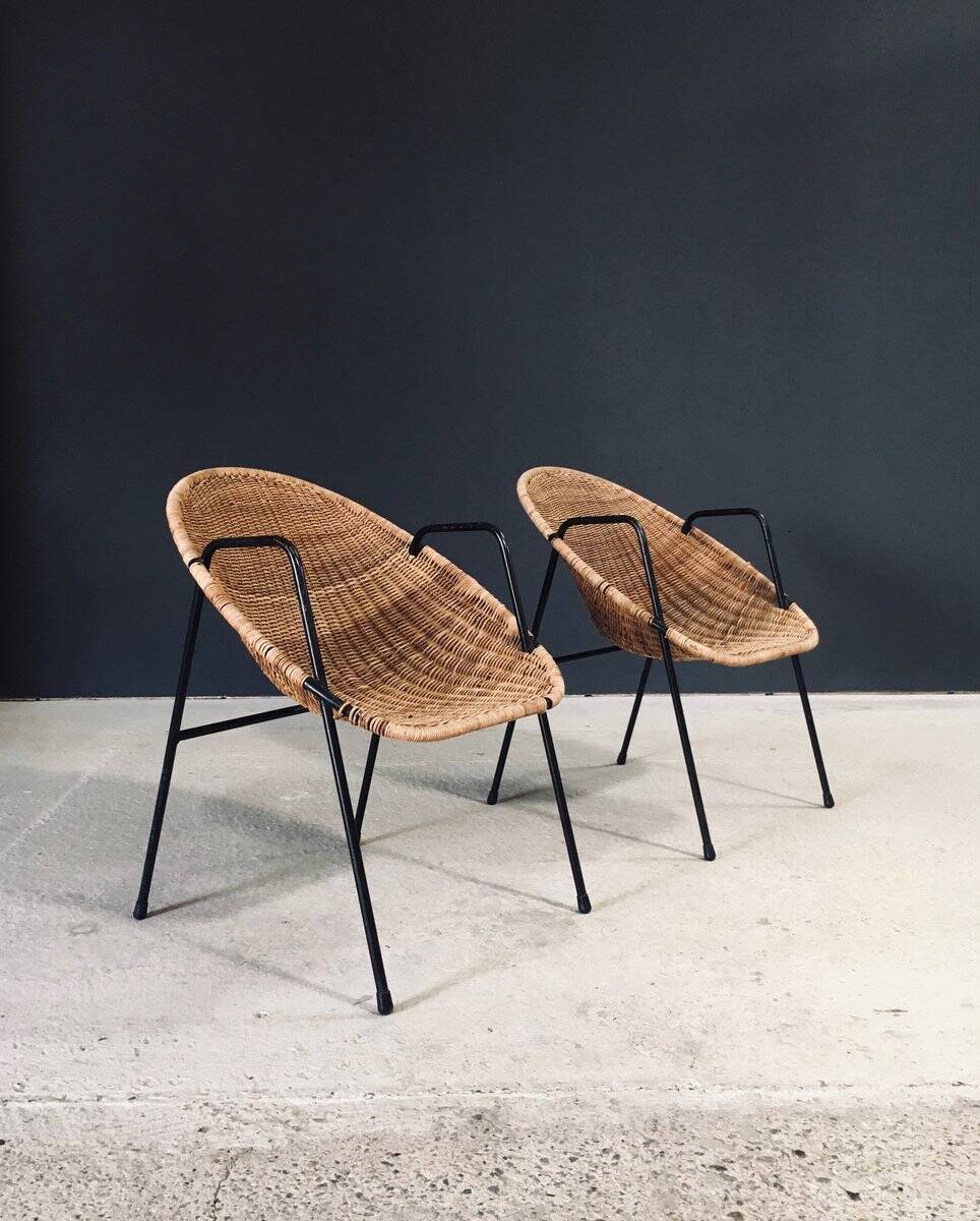 Mid-Century Modern Rattan Armchairs, France, 1950s, Set of 2