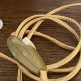 Turned wooden lamp, fabric cable, cotton lampshade.