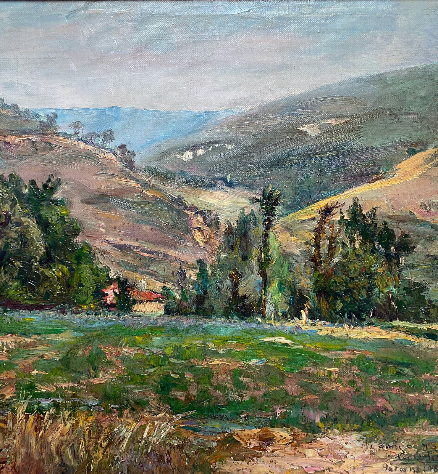 Painting "Hilly landscape" 1961 signed (to decipher) + frame