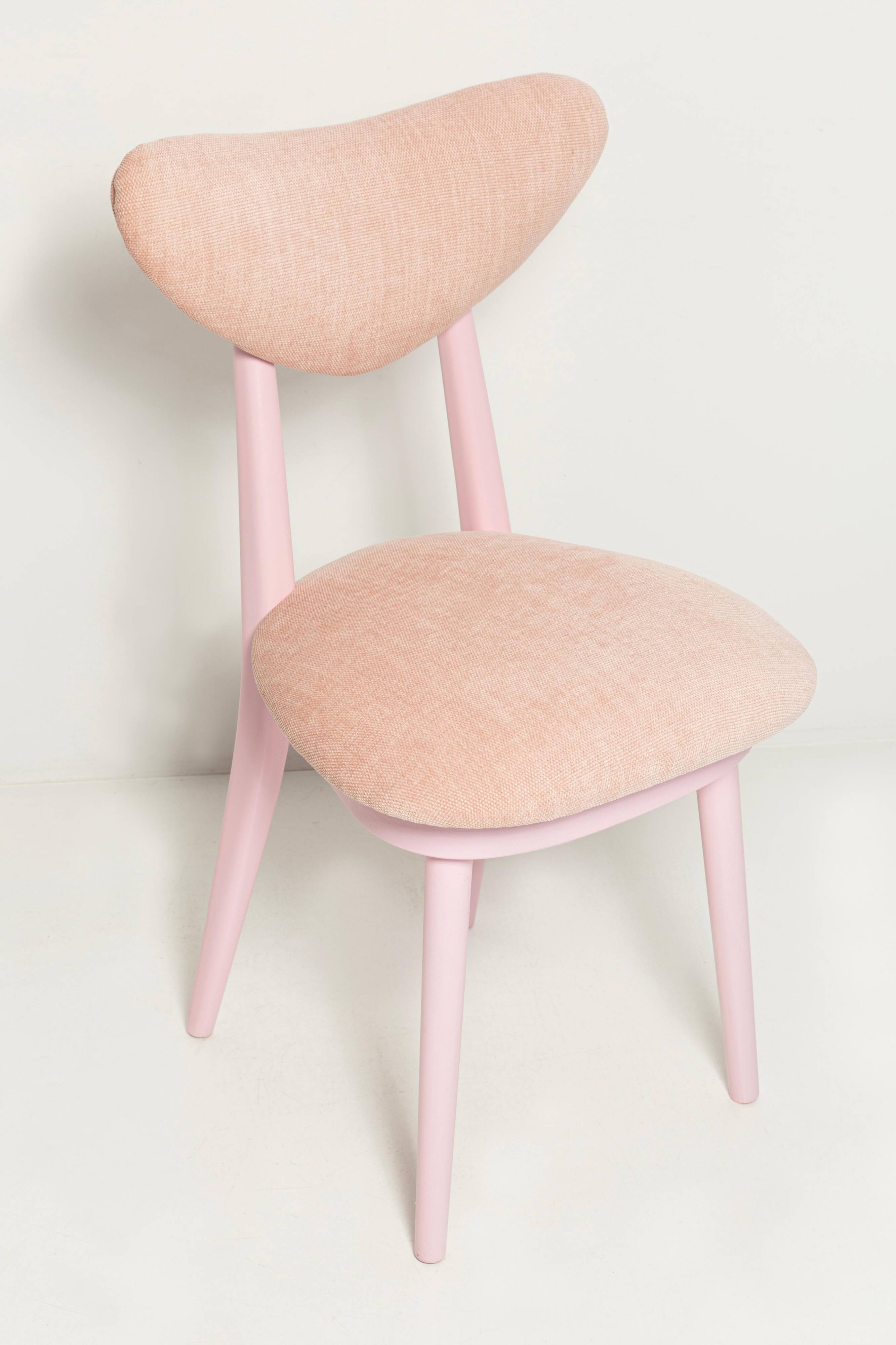 Mid-century heart-shaped chair, light pink chenille fabric, painted pink wood, Europe, 1960s.