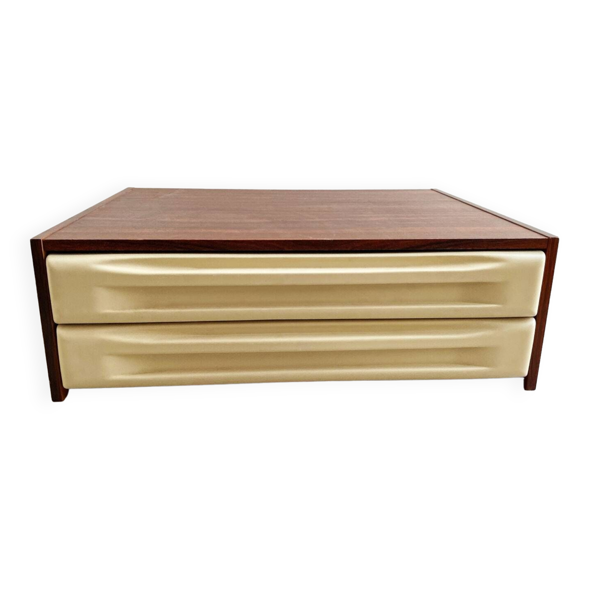 Mid Century rosewood cabinet with 2 beige plastic drawers
