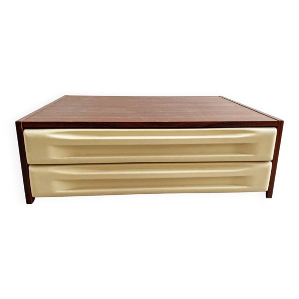 Commode vintage en palissandre avec 2 tiroirs en plastique beige
