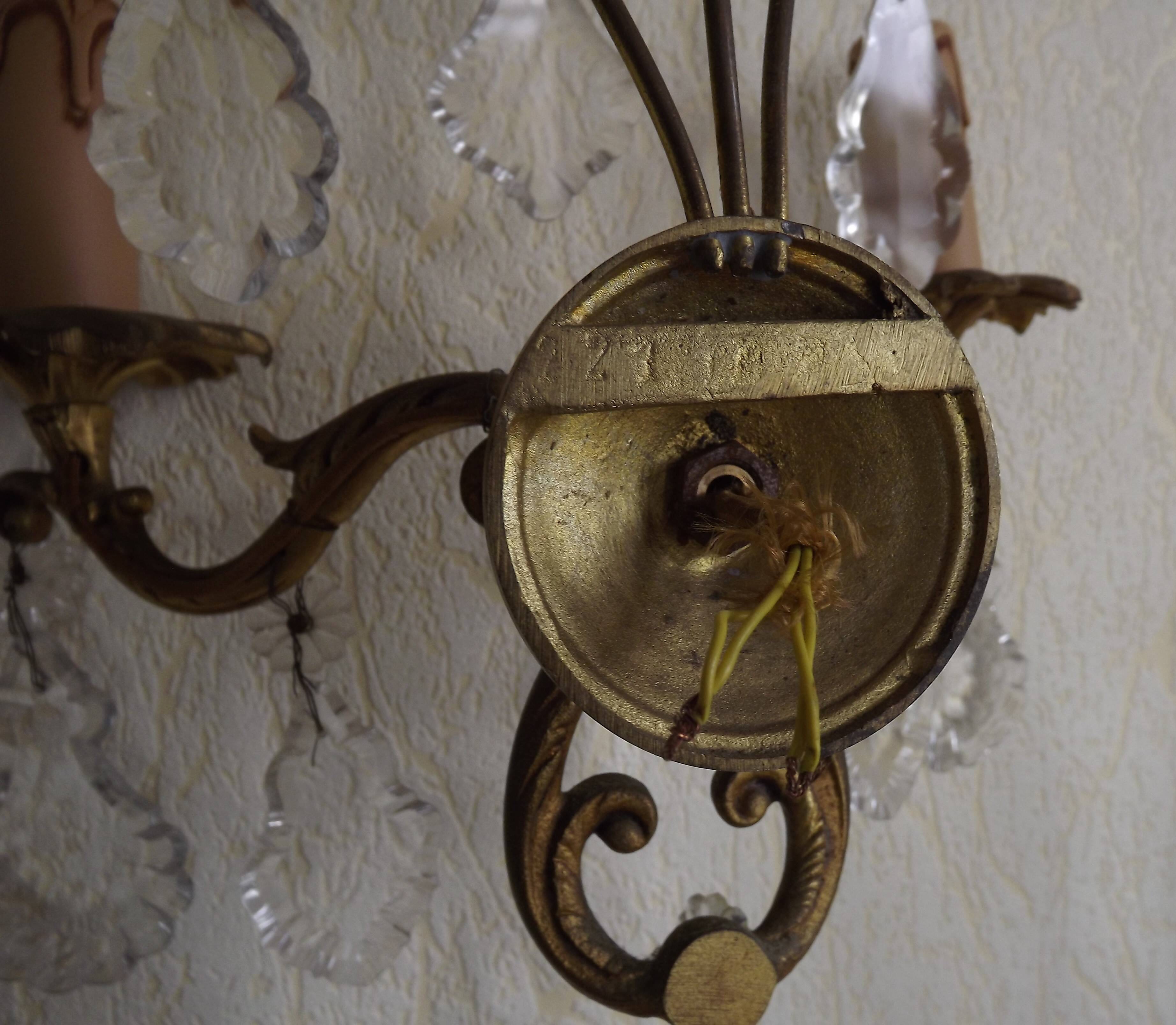 Pair of French Vintage Bronze Double Wall Lights Assorted Crystals 5331