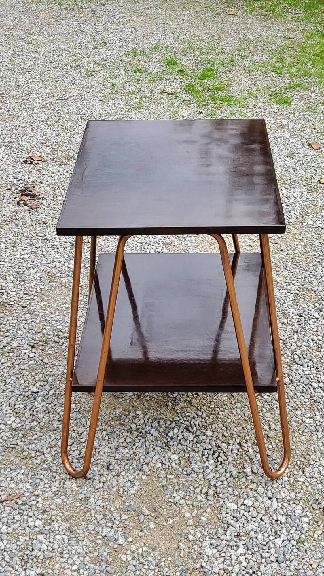 Vintage double wooden side table with copper base from the 50s