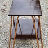 Vintage double wooden side table with copper base from the 50s