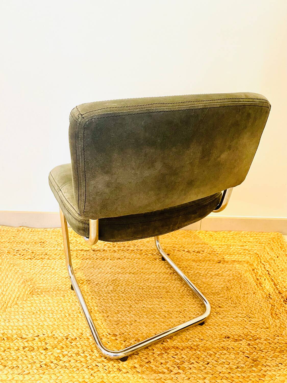 Vintage Roche Bobois chair in green suede Year 1970