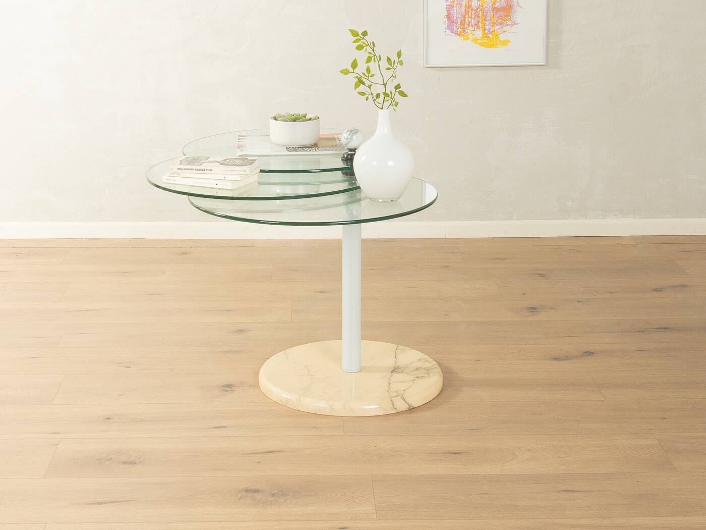 Sculptural side table from the 1980s with swiveling glass plates and a solid marble base