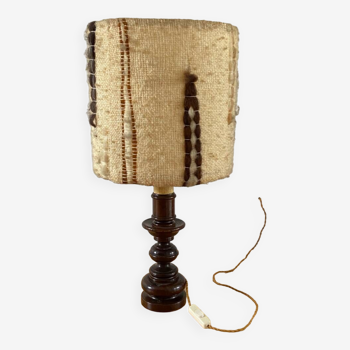 Lampe en bois avec abat-jour en laine, années 70