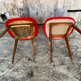 Achille decommere chair pair red fur + vintage wooden compass legs